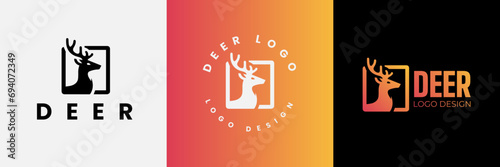 Deer logo design, Deer head inside squarelogo design template, Deer head logo icon,Deer hunter with square logo design, Wild animal vector, Head deer illustration photo