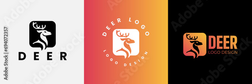 Deer logo design, Deer head inside squarelogo design template, Deer head logo icon,Deer hunter with square logo design, Wild animal vector, Head deer illustration