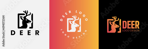 Deer logo design, Deer head inside squarelogo design template, Deer head logo icon,Deer hunter with square logo design, Wild animal vector, Head deer illustration