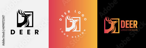 Deer logo design, Deer head inside squarelogo design template, Deer head logo icon,Deer hunter with square logo design, Wild animal vector, Head deer illustration