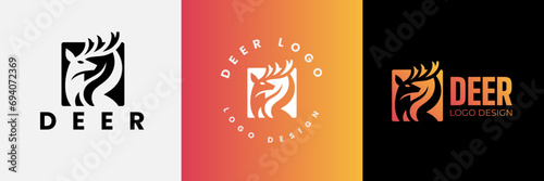 Deer logo design, Deer head inside squarelogo design template, Deer head logo icon,Deer hunter with square logo design, Wild animal vector, Head deer illustration