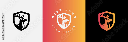 Deer shield logo design, Deer head and shield logo design template, Deer head logo icon,Deer hunter with shield logo design, Wild animal vector, Head deer illustration