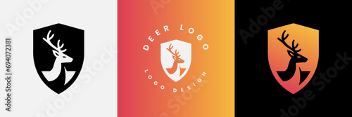 Deer shield logo design, Deer head and shield logo design template, Deer head logo icon,Deer hunter with shield logo design, Wild animal vector, Head deer illustration