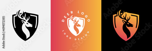 Deer shield logo design, Deer head and shield logo design template, Deer head logo icon,Deer hunter with shield logo design, Wild animal vector, Head deer illustration