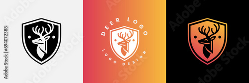 Deer shield logo design, Deer head and shield logo design template, Deer head logo icon,Deer hunter with shield logo design, Wild animal vector, Head deer illustration
