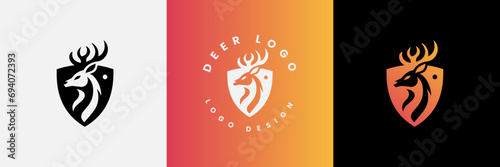 Deer shield logo design, Deer head and shield logo design template, Deer head logo icon,Deer hunter with shield logo design, Wild animal vector, Head deer illustration