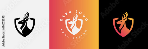Deer shield logo design, Deer head and shield logo design template, Deer head logo icon,Deer hunter with shield logo design, Wild animal vector, Head deer illustration