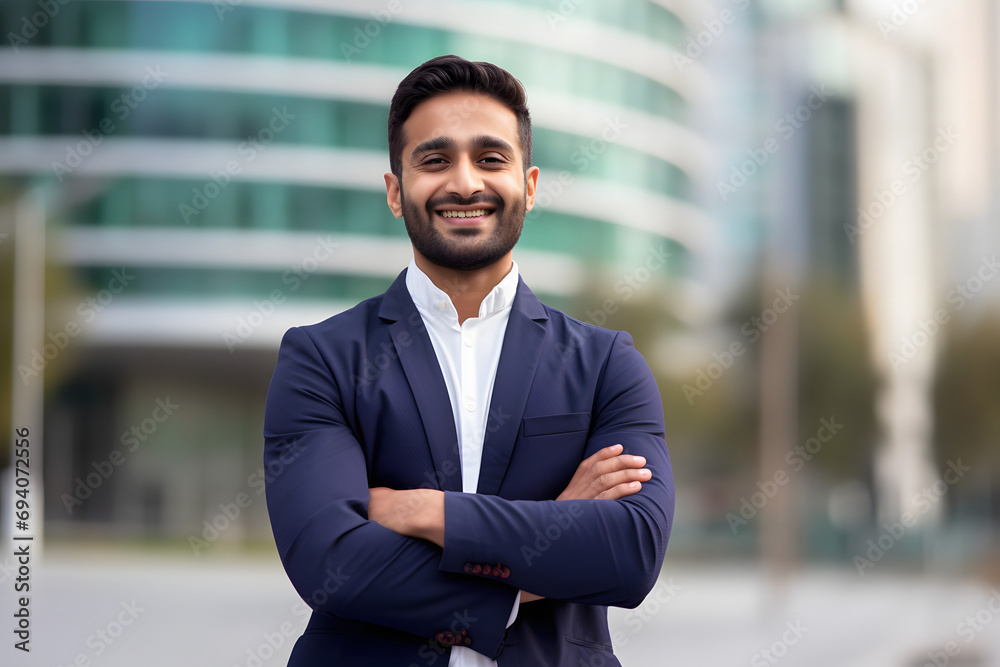 Happy confident wealthy young indian business man leader, successful eastern professional businessman crossing arms looking at camera posing outdoors in urban big city for close up headshot portrait. - obrazy, fototapety, plakaty 