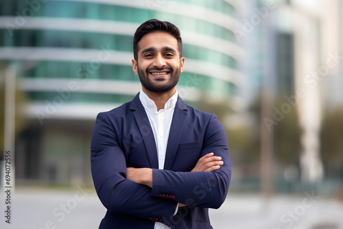 Happy confident wealthy young indian business man leader, successful eastern professional businessman crossing arms looking at camera posing outdoors in urban big city for close up headshot portrait. photo