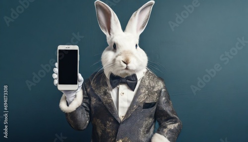Weißes Kaninchen (Hase) in Vintage-Anzug präsentiert ein Smartphone / Handy. Mockup vor dunkelblauem Hintergrund. Fotorealistische Illustration photo