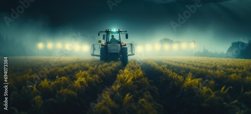 Tractor Working in Fields at Dusk
