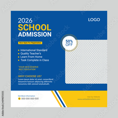 Design template for social media post banner promoting online school admissions.