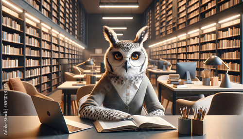 Owl librarian at modern library desk