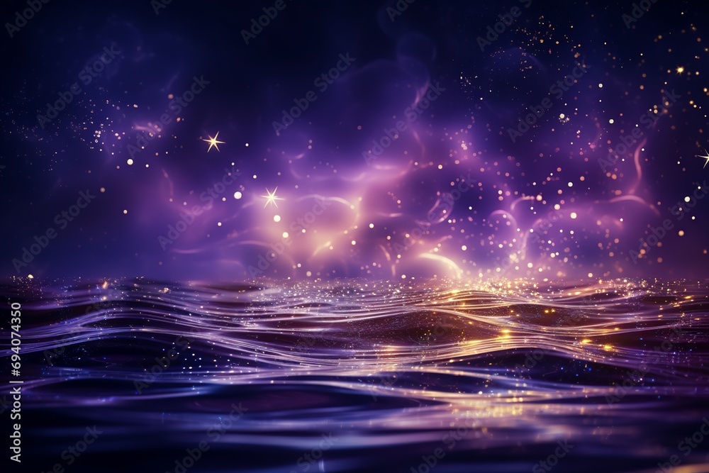 Aquarius zodiac sign, aquarium astrological design, astrology horoscope symbol of aquariums background with cosmic water waves in a purple and golden mystic constellation - obrazy, fototapety, plakaty 