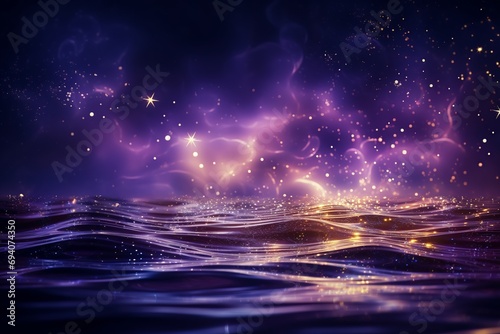 Aquarius zodiac sign, aquarium astrological design, astrology horoscope symbol of aquariums background with cosmic water waves in a purple and golden mystic constellation photo