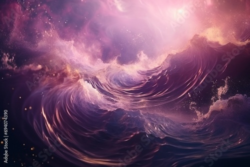 Aquarius zodiac sign, aquarium astrological design, astrology horoscope symbol of aquariums background with cosmic water waves in a purple and golden mystic constellation photo