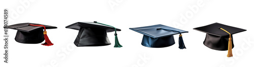 set of student graduation cap isolated on white or transparent background; university education or bachelor student graduate hat cut out