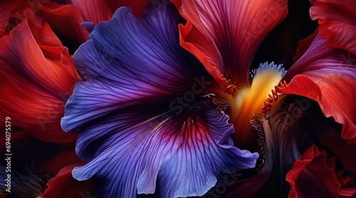 close up red and purple iris flower on black background