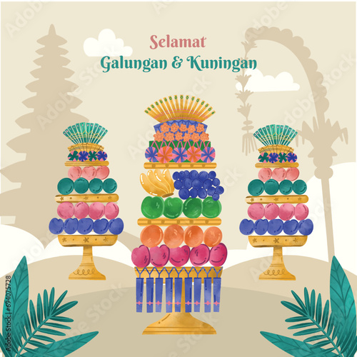 watercolor hindu galungan kuningan greeting balinese people 