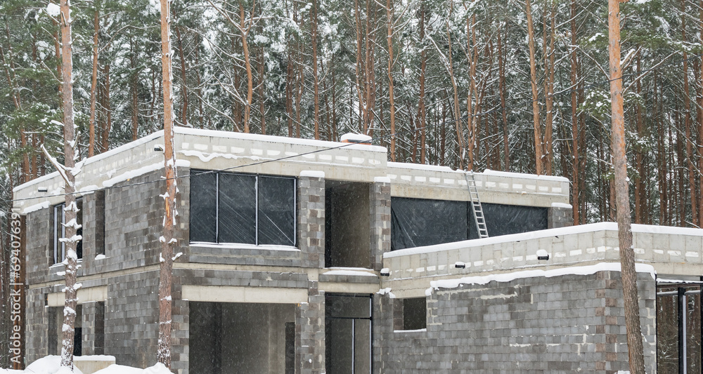 Private houses under construction in the winter forest