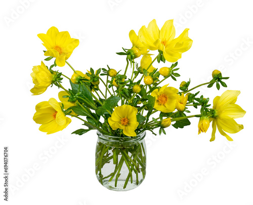 Isolated dahlia flower arrangement in a glass vase