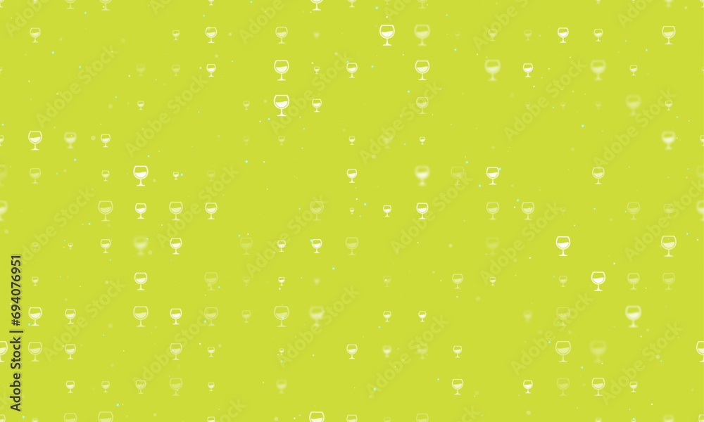 Seamless background pattern of evenly spaced white wineglass symbols of different sizes and opacity. Vector illustration on lime background with stars