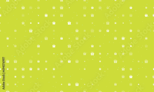 Seamless background pattern of evenly spaced white gift symbols of different sizes and opacity. Vector illustration on lime background with stars