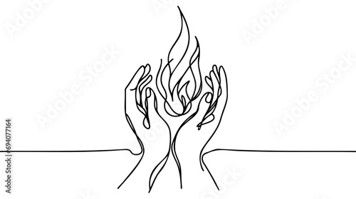 Human hands holding a flame, fire. Continuous one line drawing on white background