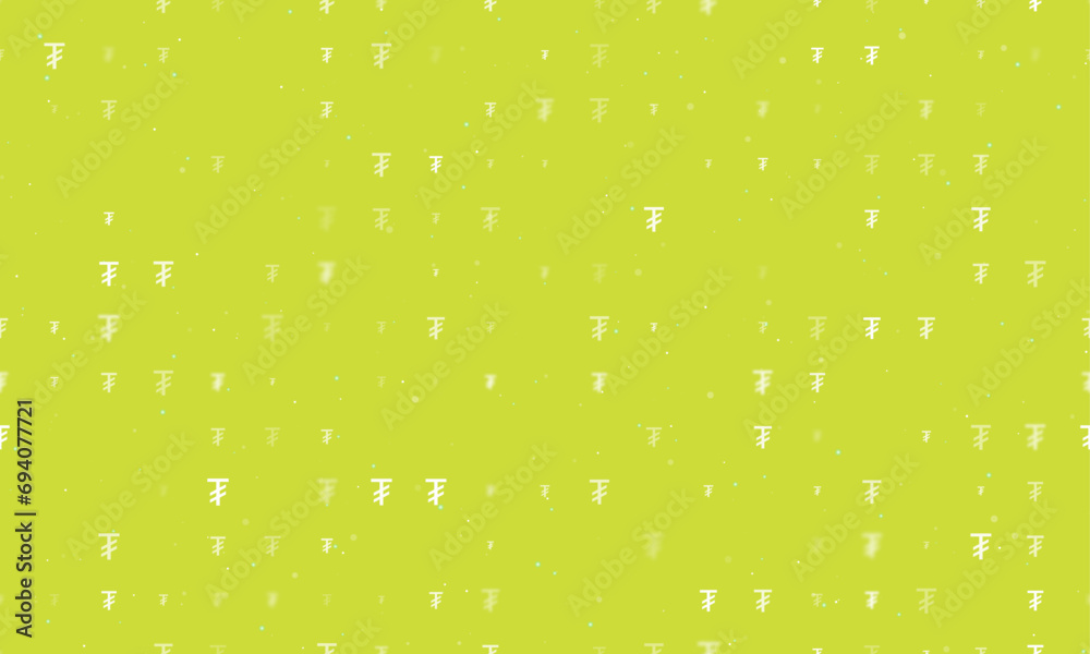 Seamless background pattern of evenly spaced white tugrik symbols of different sizes and opacity. Vector illustration on lime background with stars Seamless background pattern of evenly spaced white tugrik symbols of different sizes and opacity. Vector illustration on lime background with stars