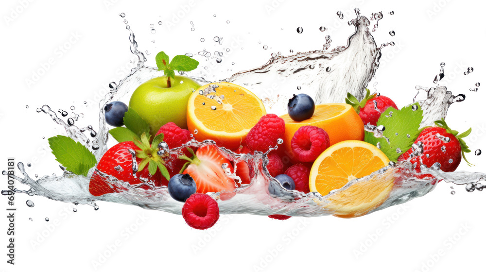 Fruit fusion taste explosion, fresh fruits in water surrounded by water droplets. Fruit fusion taste explosion, fresh fruits in water surrounded by water droplets.
