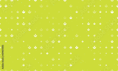 Seamless background pattern of evenly spaced white water lily symbols of different sizes and opacity. Vector illustration on lime background with stars