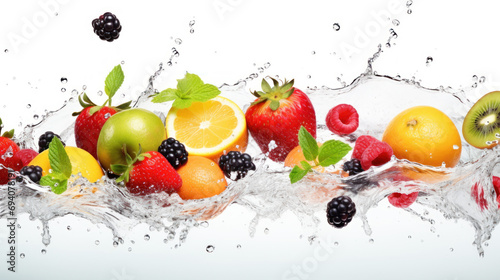 Fresh fruits in water/ drink droplets. Fruit tastes explosion concept.