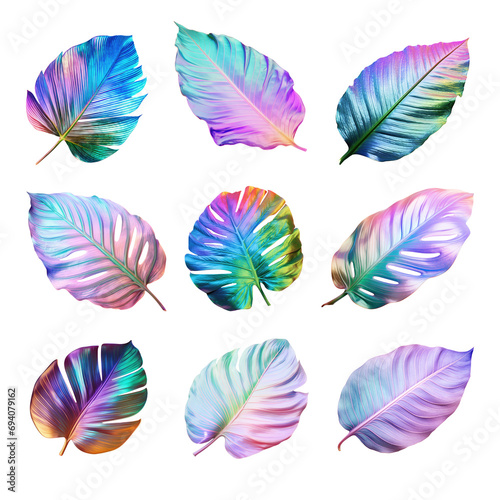 Set of hologram tropical leaves isolated on the transparent background.