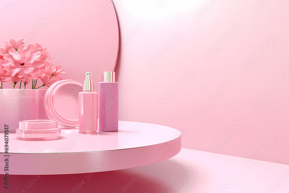 Pink 3d illustration background , mock up display with sunbeam for beauty products or holiday event.	