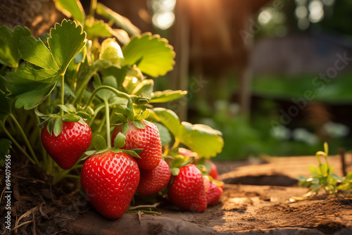 Ripe red strawberries growing on a strawberry plantation