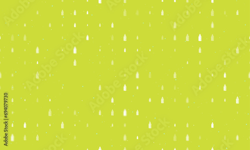 Seamless background pattern of evenly spaced white feeding bottle symbols of different sizes and opacity. Vector illustration on lime background with stars