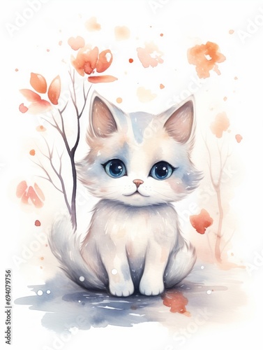 Cute cat with flowers. Watercolor illustration on white background. Generative AI
