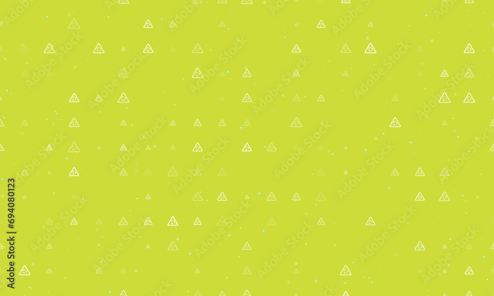 Seamless background pattern of evenly spaced white roundabout signs of different sizes and opacity. Vector illustration on lime background with stars Seamless background pattern of evenly spaced white roundabout signs of different sizes and opacity. Vector illustration on lime background with stars