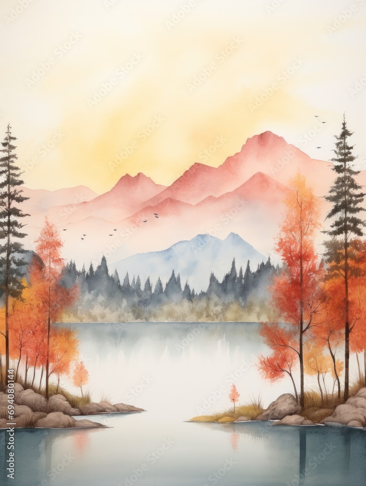 Autumn landscape with lake and mountains. Digital watercolor painting. Generative AI