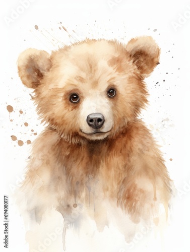Watercolor portrait of a cute brown bear isolated on a white background Generative AI