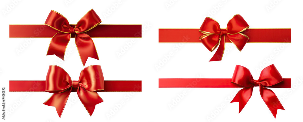 Red ribbon and bow with gold isolated on a transparent background.