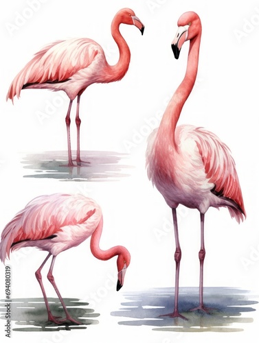 Pink flamingo set. Watercolor illustration isolated on white background. Generative AI