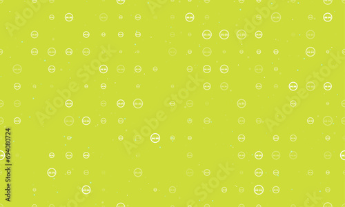 Seamless background pattern of evenly spaced white no overtaking signs of different sizes and opacity. Vector illustration on lime background with stars
