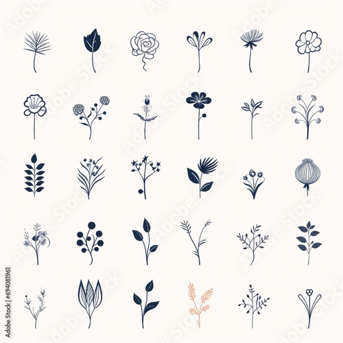 A collection of minimalist vector logos, timeless whimsical logos for florist shop, simple shapes and lines, white background photo