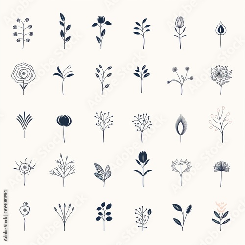 A collection of minimalist vector logos, timeless whimsical logos for florist shop, simple shapes and lines, white background photo