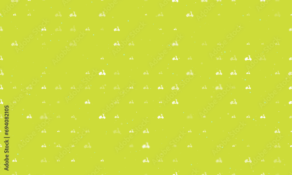 Seamless background pattern of evenly spaced white scooter symbols of different sizes and opacity. Vector illustration on lime background with stars Seamless background pattern of evenly spaced white scooter symbols of different sizes and opacity. Vector illustration on lime background with stars
