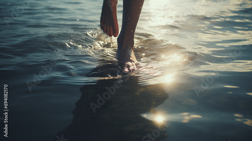 Bare feet up close walking on water with waves, reflecting a radiant sun on the surface. Biblical miracle or a stroll along the coastline of a beach. photo