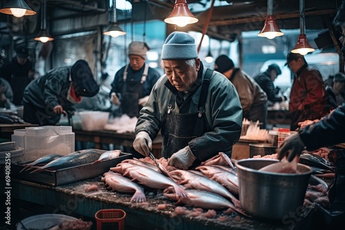 japanese fish sellers in a market photo