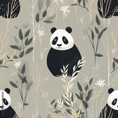 seamless pattern background with cute panda bear and leaves