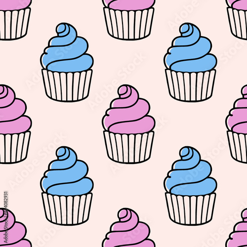 Cute cupcakes with cream seamless pattern background.